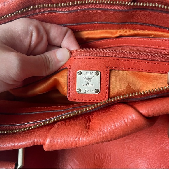 MCM Orange Monogram Embossed Leather Medium Two Way Handbag Tote Crossbody Zip - Picture 8 of 10
